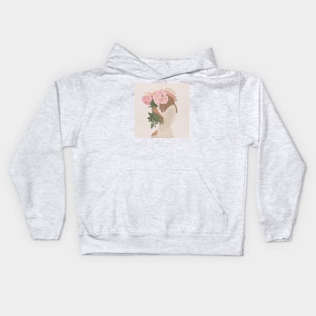 Girl in hat with flowers peonies Kids Hoodie by JulyPrints